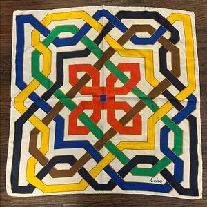 Vintage Echo 100% Silk Scarf – Multicolor Geometric Knot Print – Made in Japan